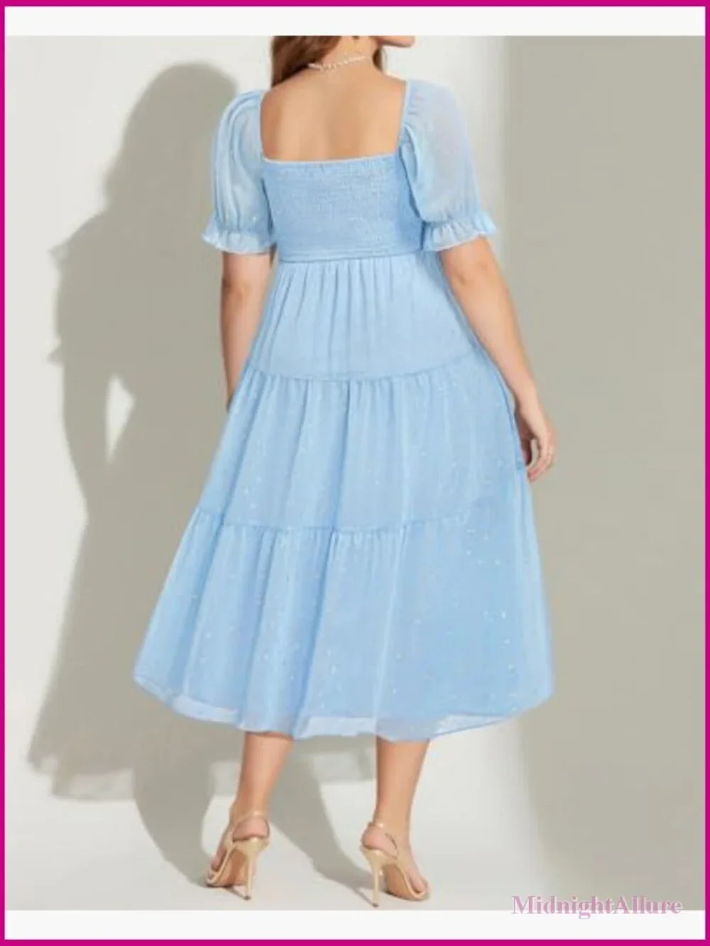 Plus Size Smocked Midi Dress - Square Neck Short Sleeve A-Line Chiffon